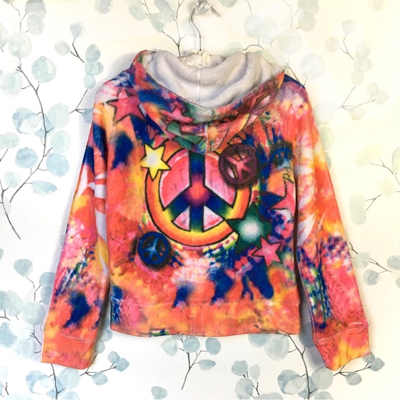 Justice Kids Rainbow Tie Dye Fleece Hoodie Sweatshirt Peace Stars Heart Zipper - Picture 12 of 14